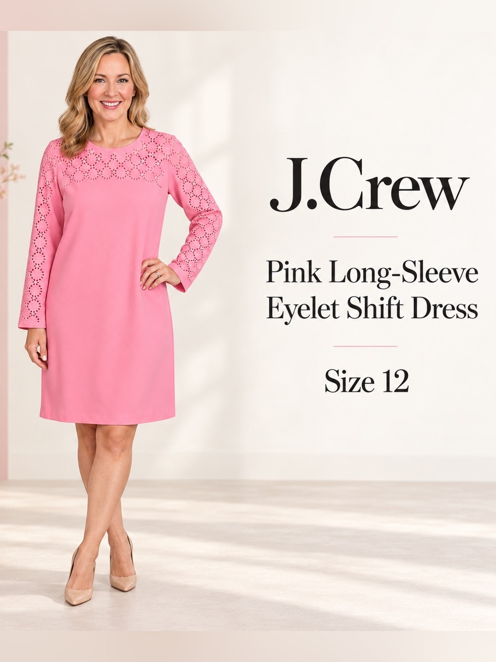 J. Crew Pink Long-Sleeve Eyelet Shift Dress